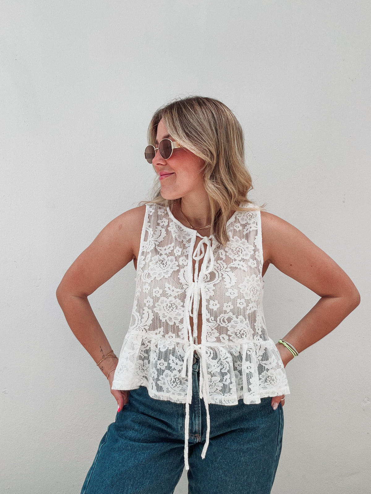 White Lace Bow Tie Top