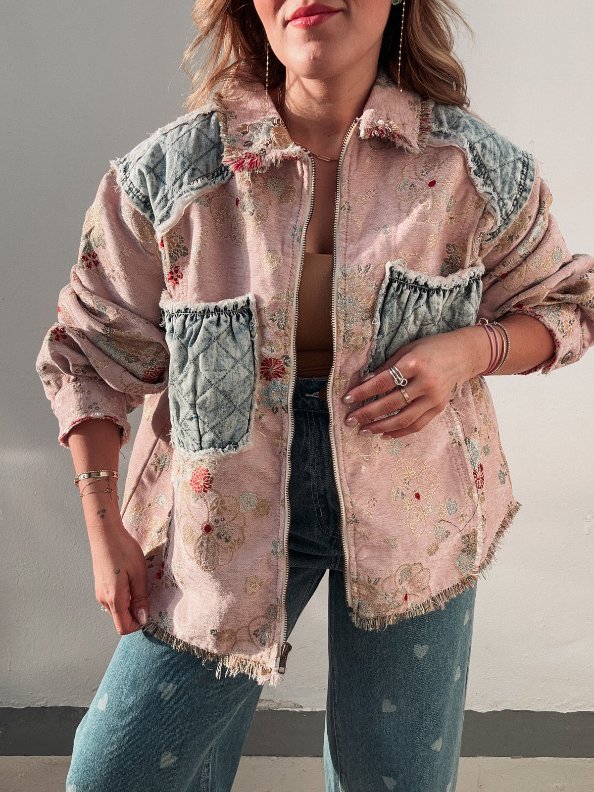 Pink Floral Fringe Denim Light Jacket