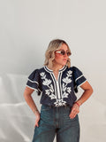 Navy & White Embroidered Ruffle Top