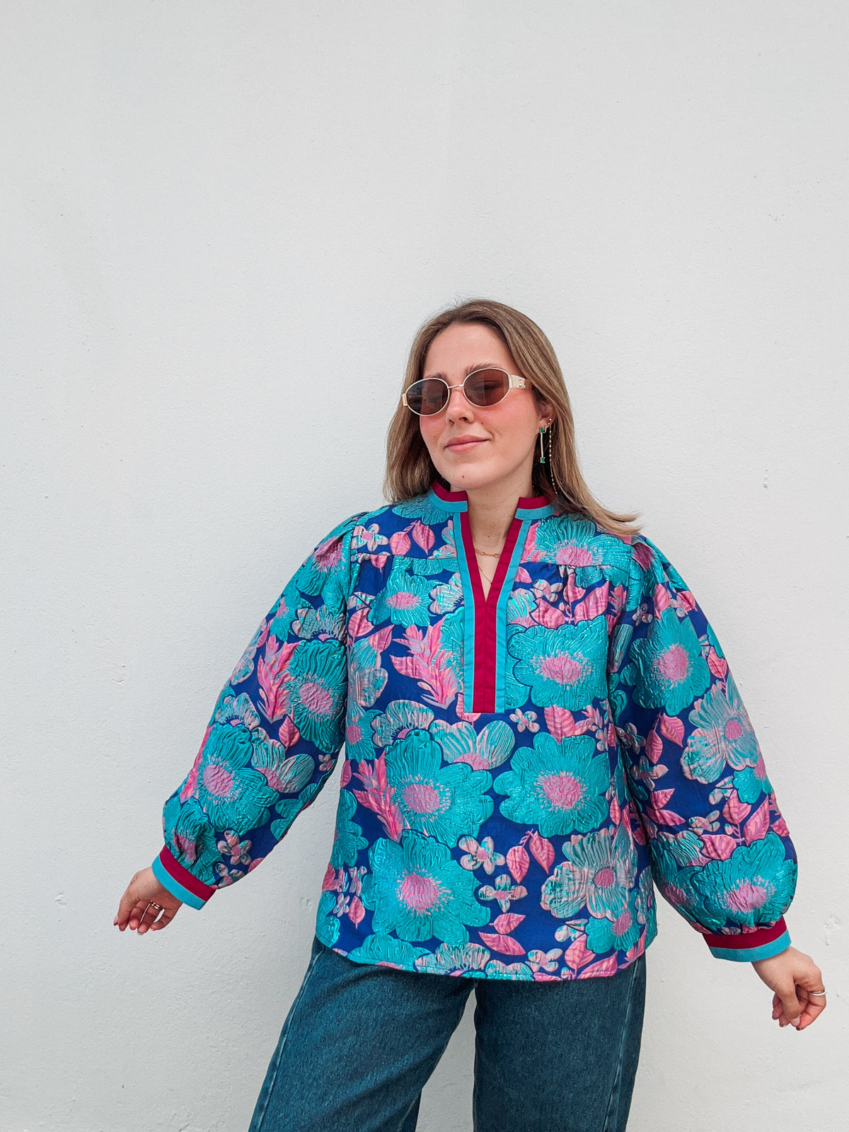 Blue & Pink Metallic Blouse