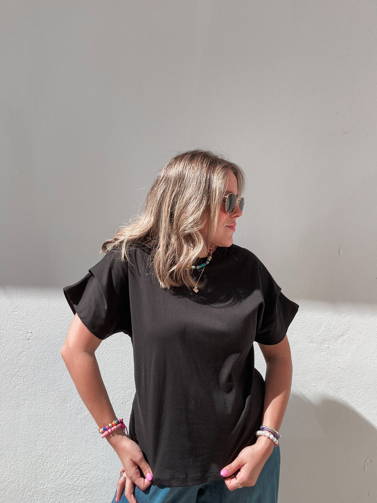 Black Pleated Sleeve Tee