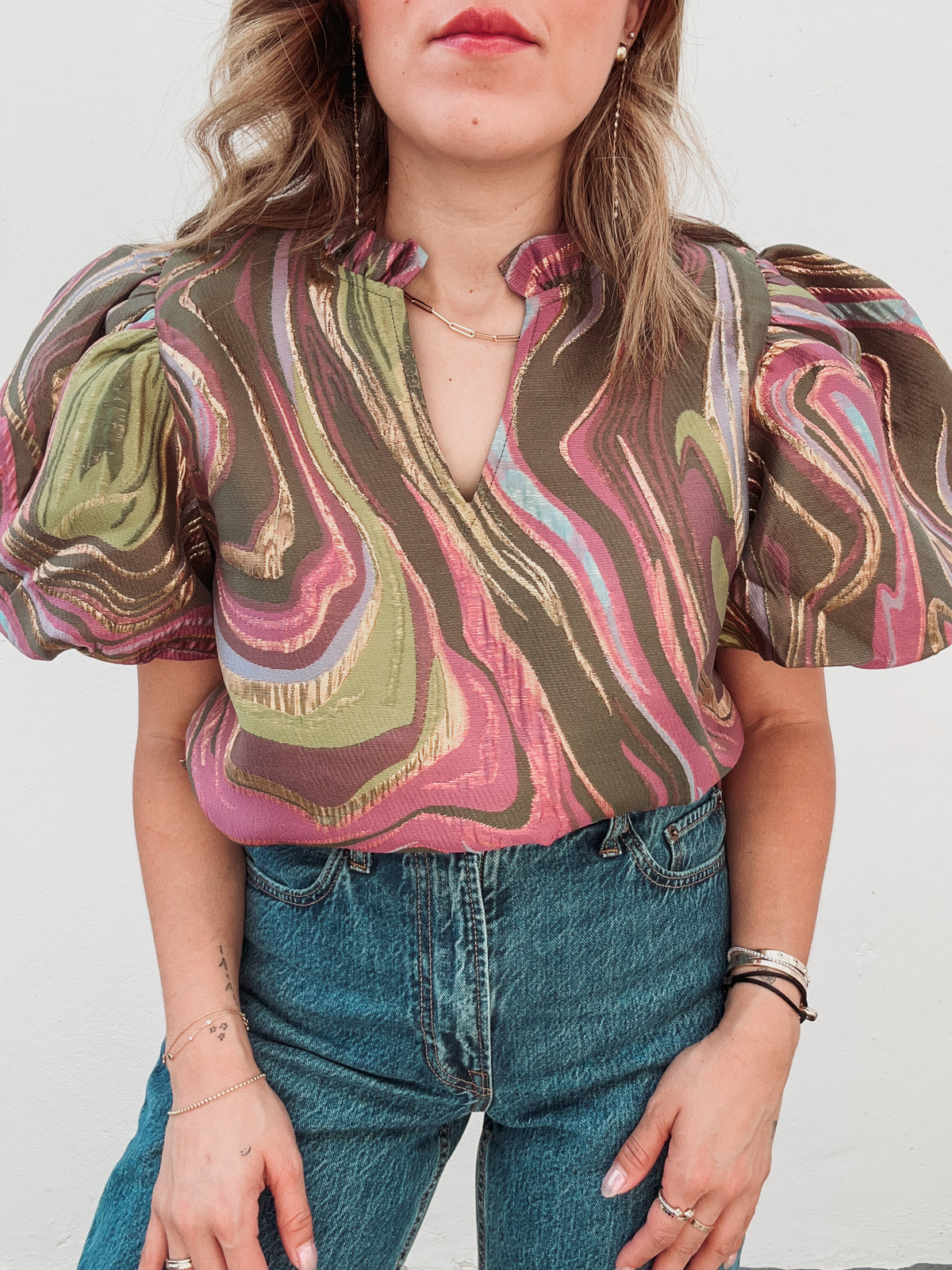 Olive & Pink Metallic Marble Blouse