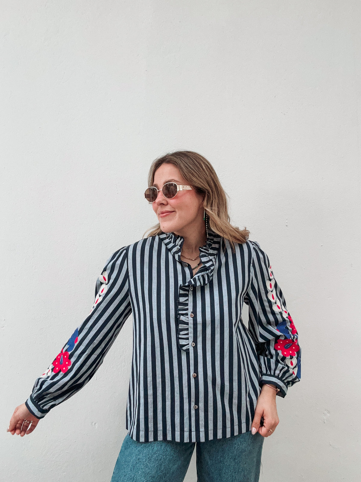 Blue Stripes Embroidered Blouse