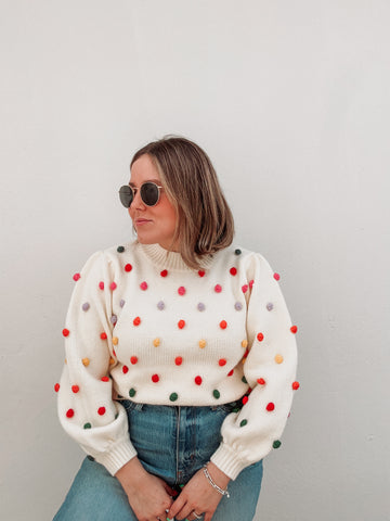 Rainbow Pom Cream Sweater