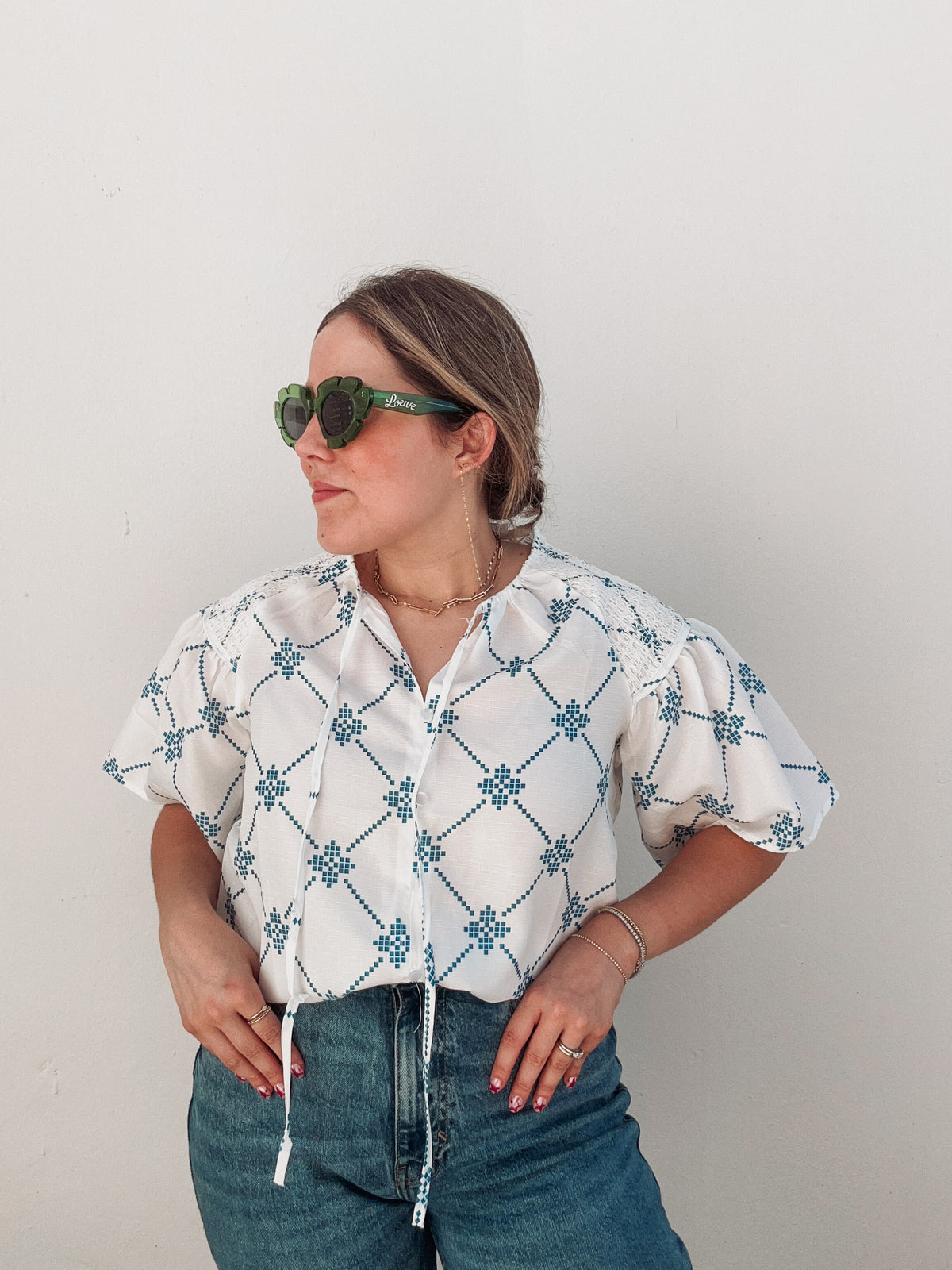 White & Blue Printed Blouse