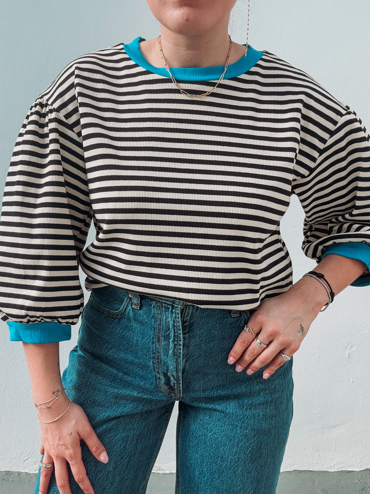 Cream & Black Stripe Blue Top