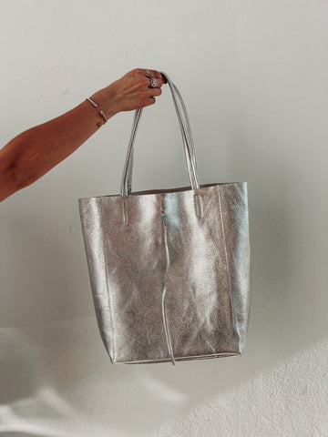 Silver Metallic Leather Tote