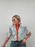 Blue, White & Orange Embroidered Eyelet Top