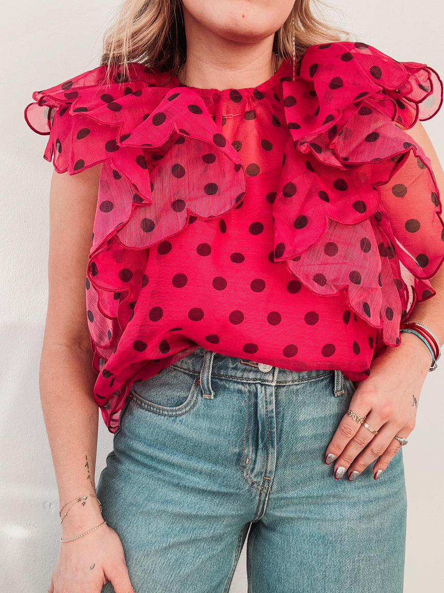 Fuchsia & Black Polka Dot Ruffle Blouse – Shop Oli Oli