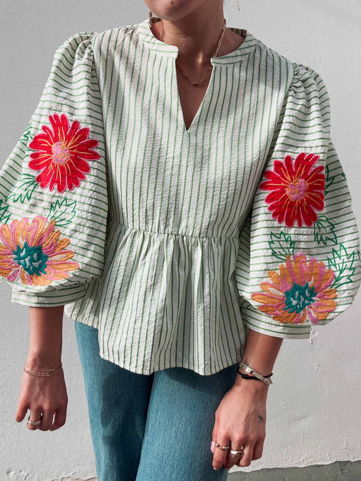 Green Striped Embroidered Flowers Blouse