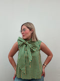 Butter & Green Stripe Bow Top