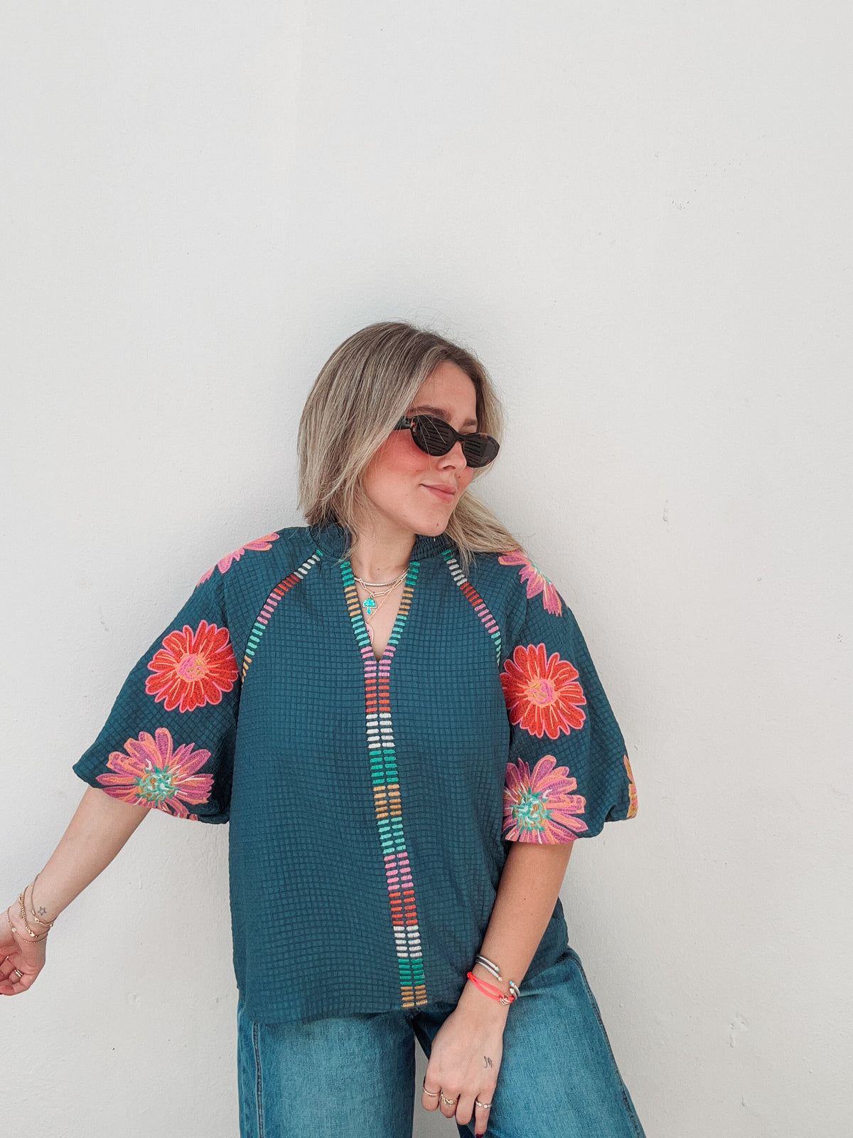 Blue Embroidered Puff Sleeve Blouse