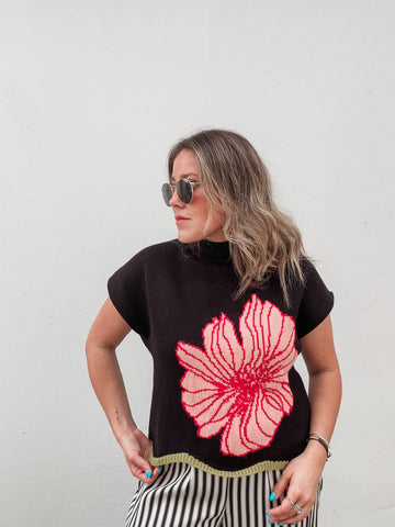 Pink Flower & Chartreuse Knit Top
