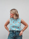 Blue & Orange Embroidered Hearts Top