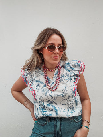 Caterina Printed Pink Embroidered Blouse