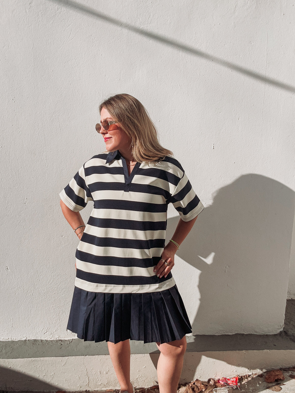 Navy Striped Pleated Skirt Dress