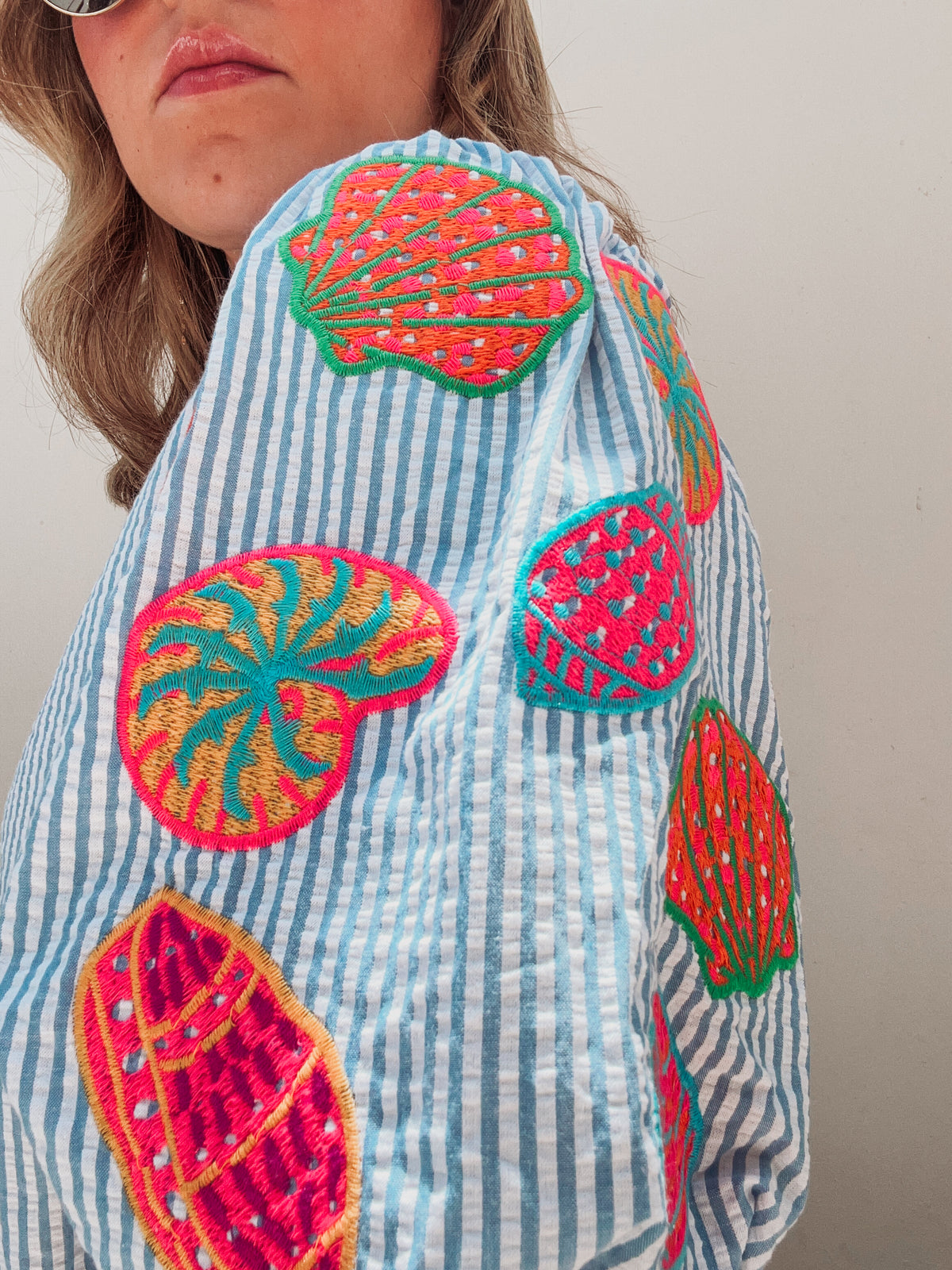 Blue & White Striped Embroidered Seashells Blouse