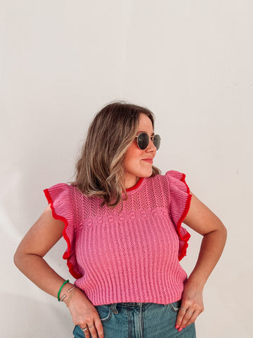 Pink & Red Detail Ruffle Knit