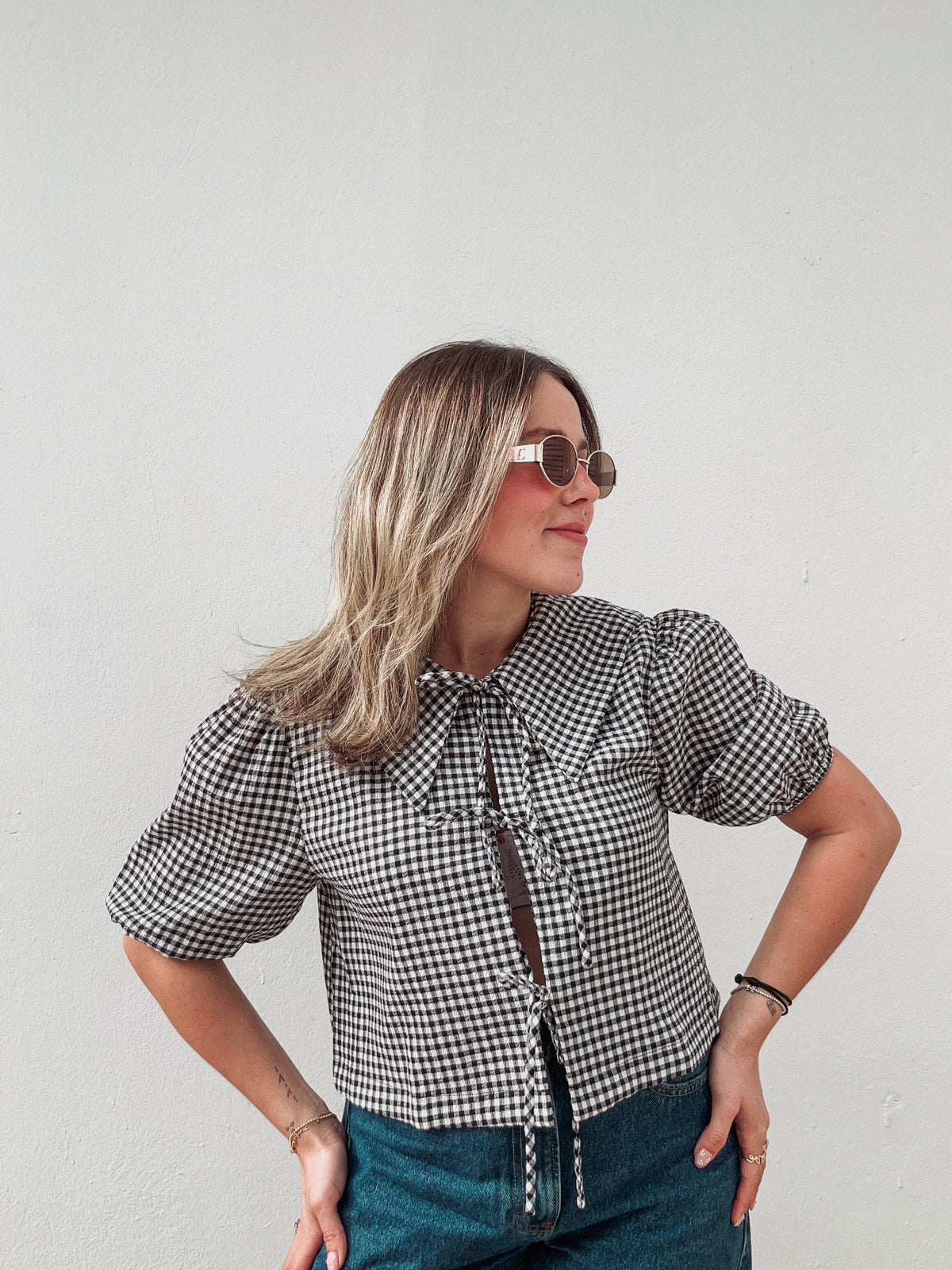 Black Gingham Collar Top