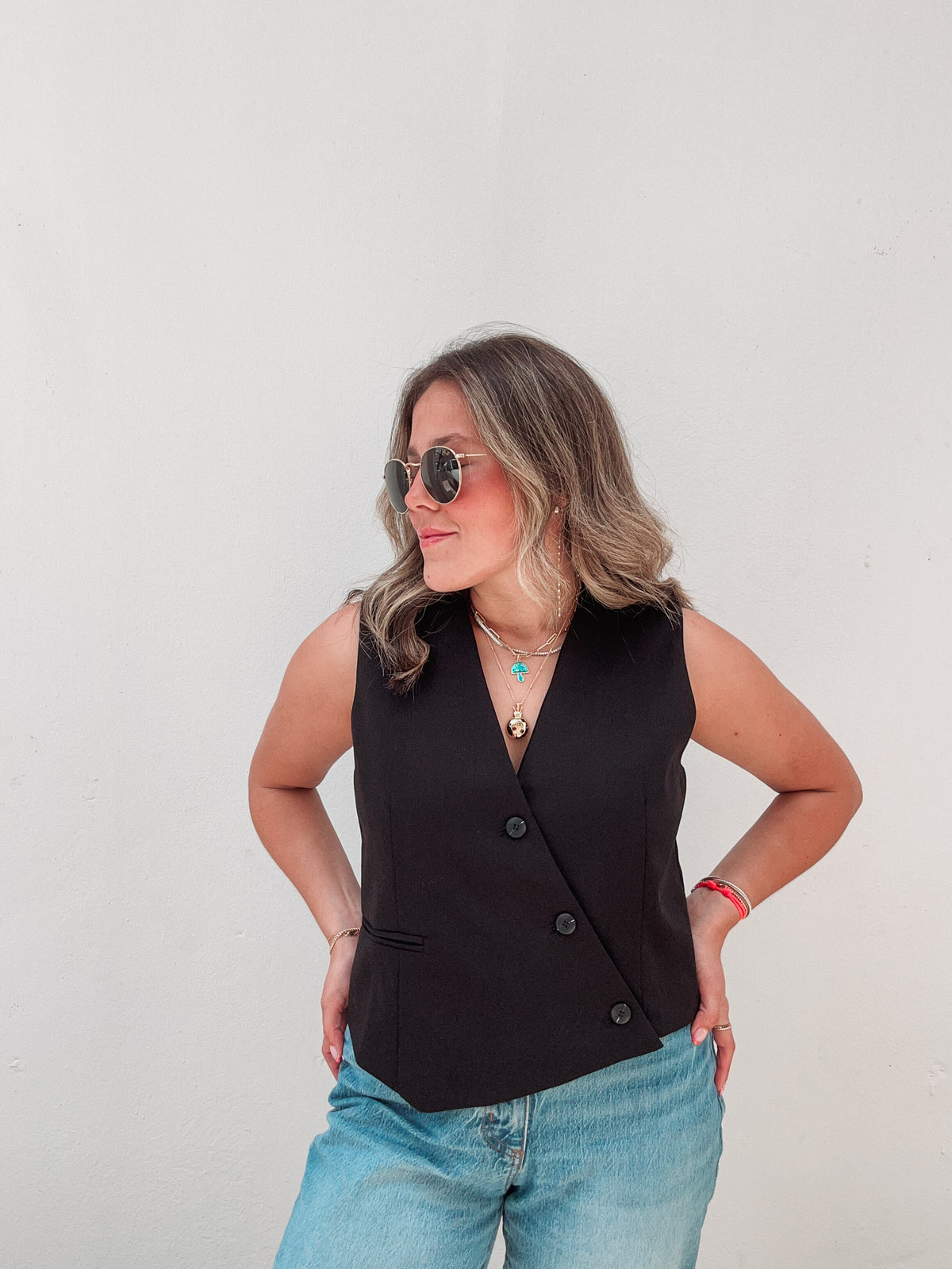 Black Asymmetrical Buttons Vest