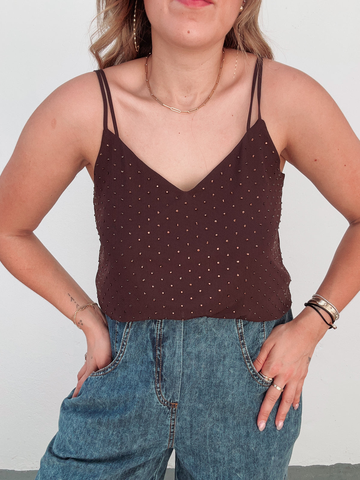 Chocolate Mesh Rhinestone Tank