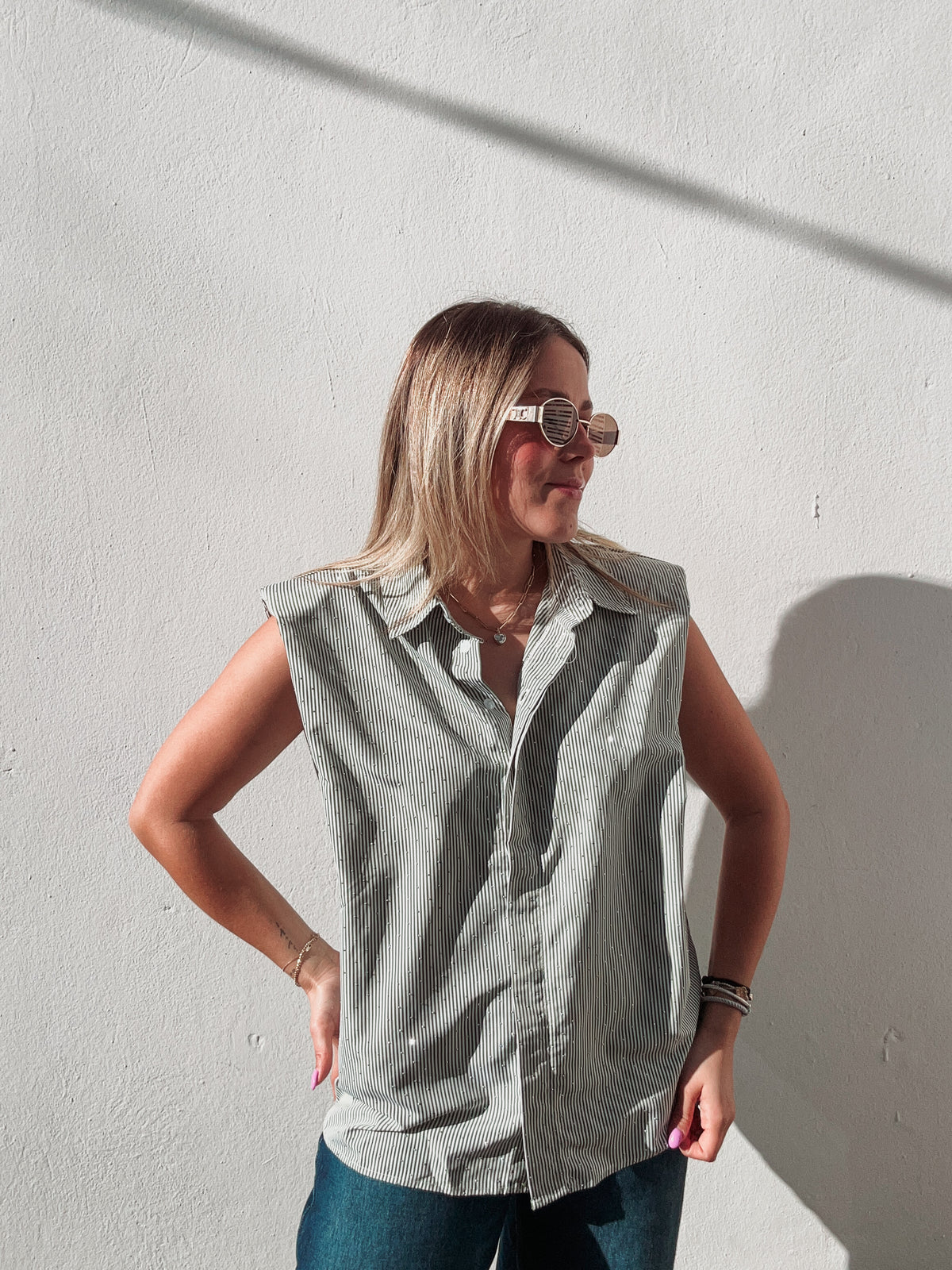 Verde Striped Rhinestone Blouse