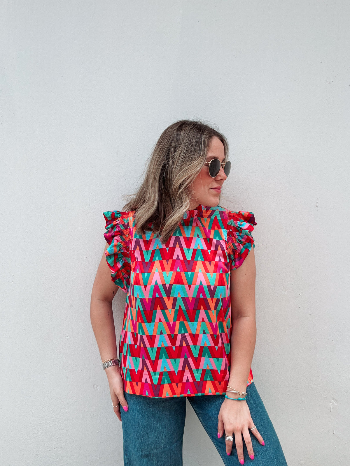 Colorful Waves Printed Ruffle Blouse