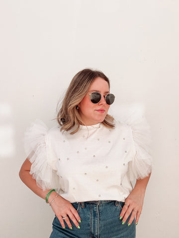 Sugar Fairy Rhinestones White Tulle Blouse