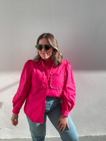Pink Punch Ruffle Pockets Button Down