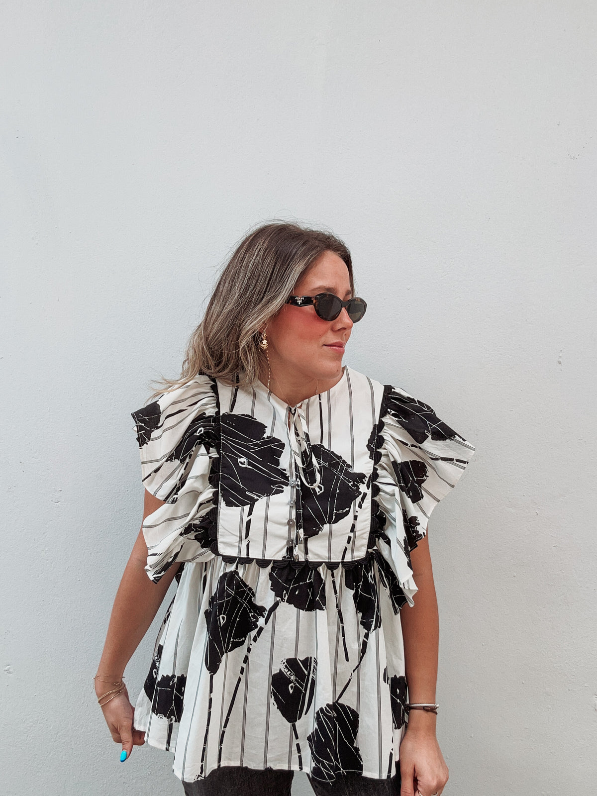 Black Floral Ruffle Printed Blouse