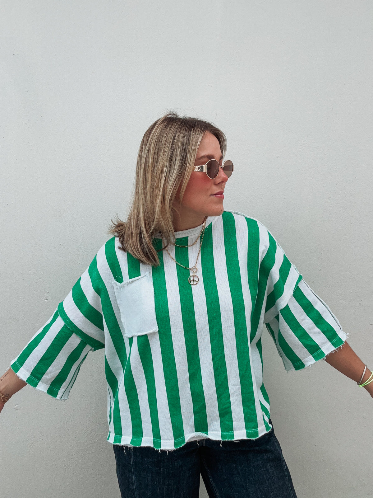 White & Green Cabana Striped Top
