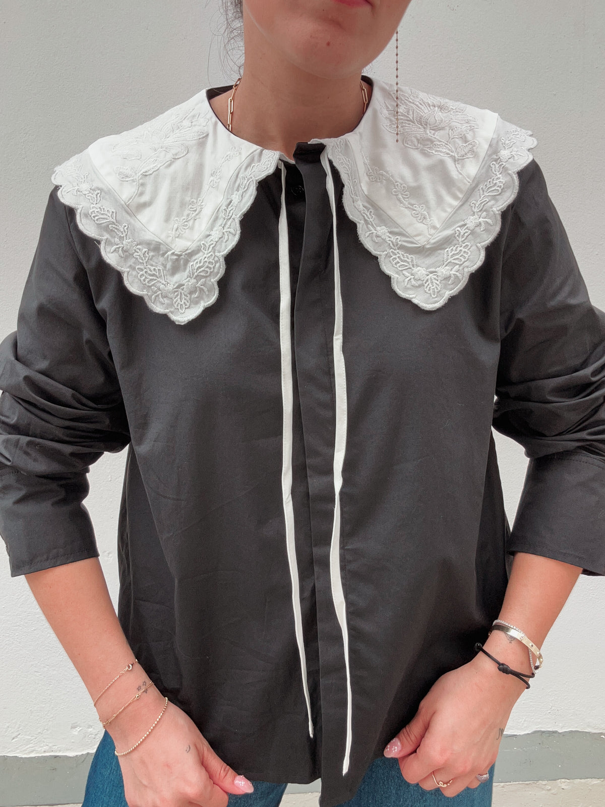 Black & White Embroidered Collar Top