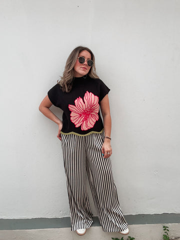 Black & Off White Striped Pants