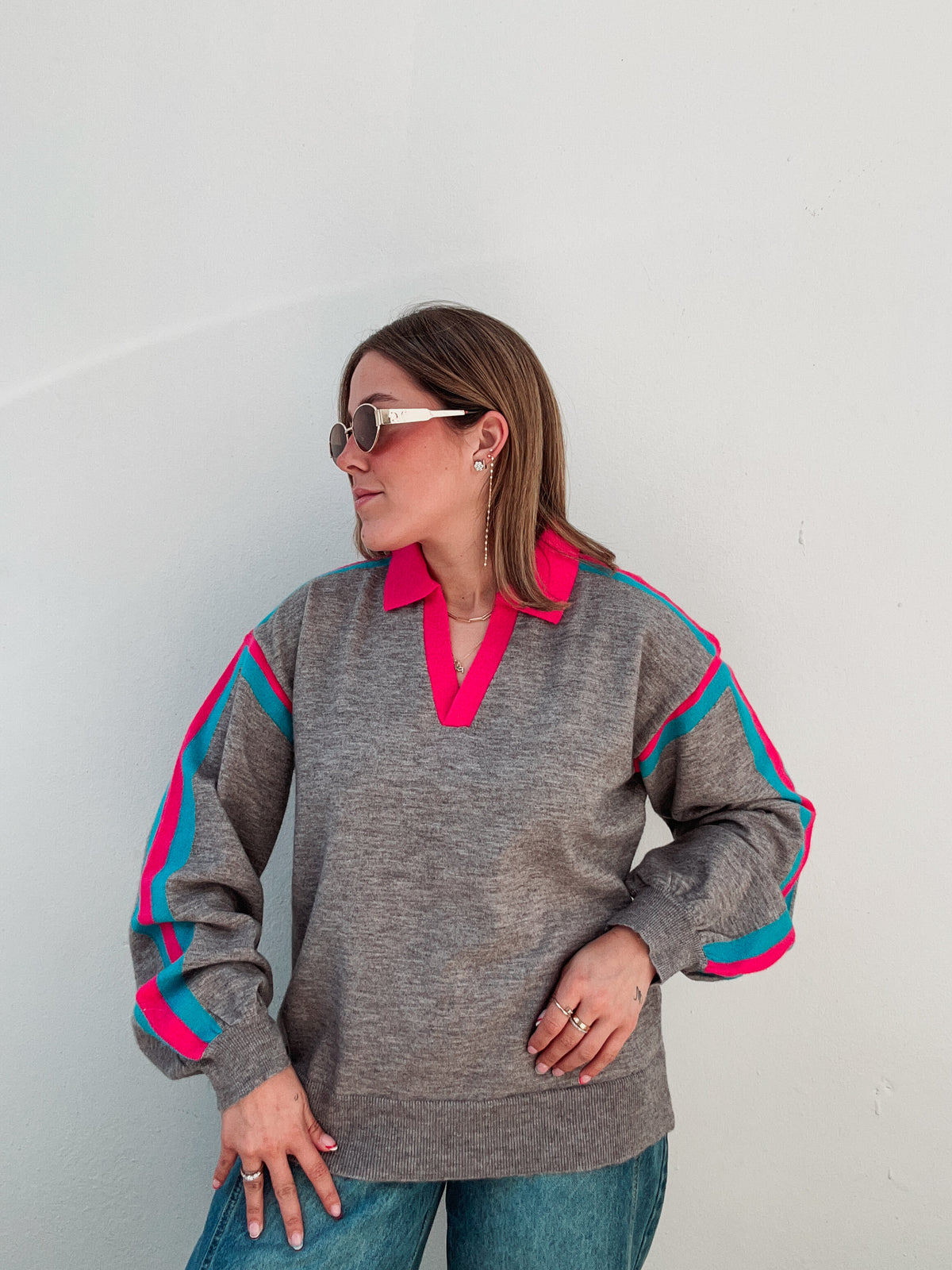 Blue & Pink Grey Knit Top