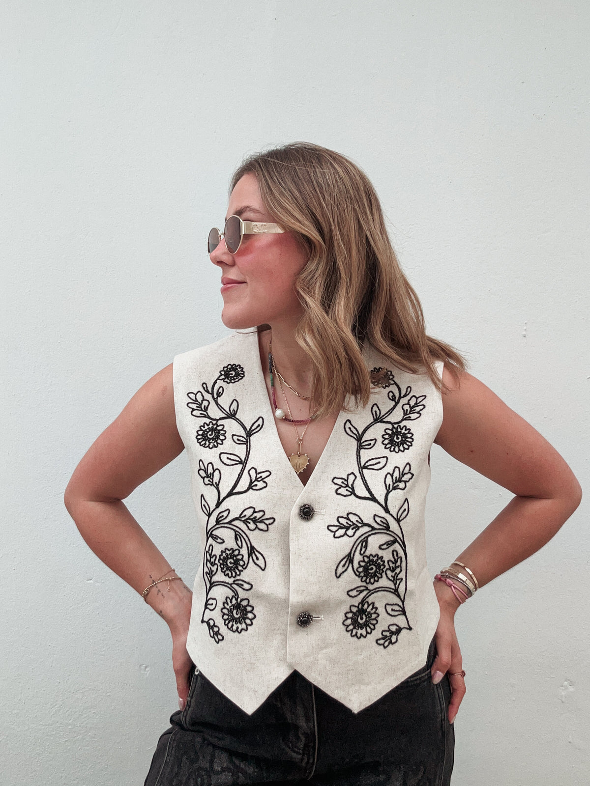 Sand & Black Embroidered Vest
