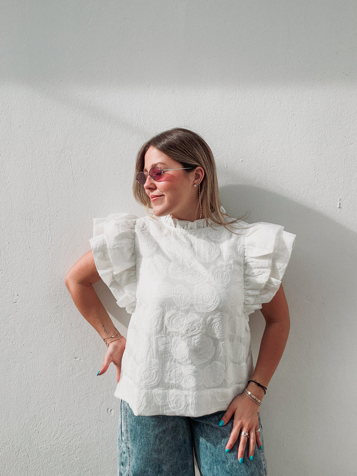 White Floral Ruffle Blouse