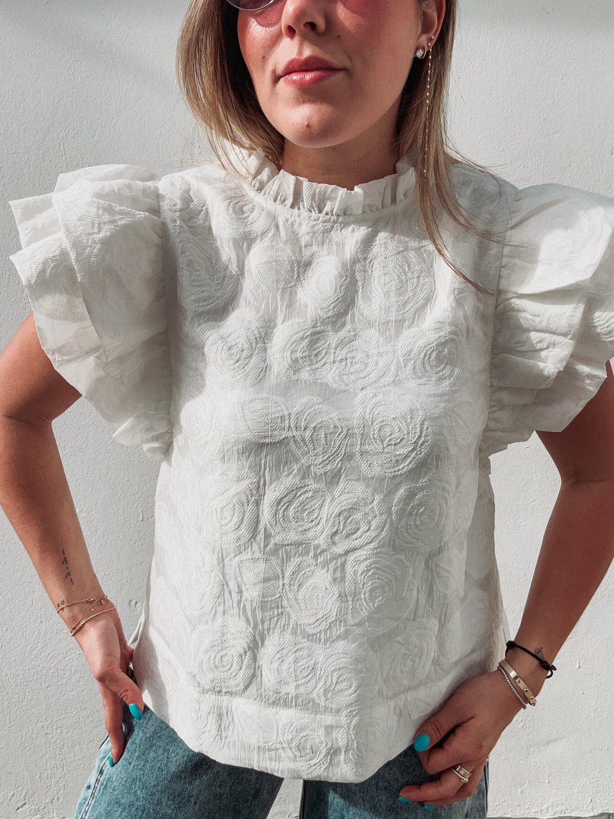 White Floral Ruffle Blouse
