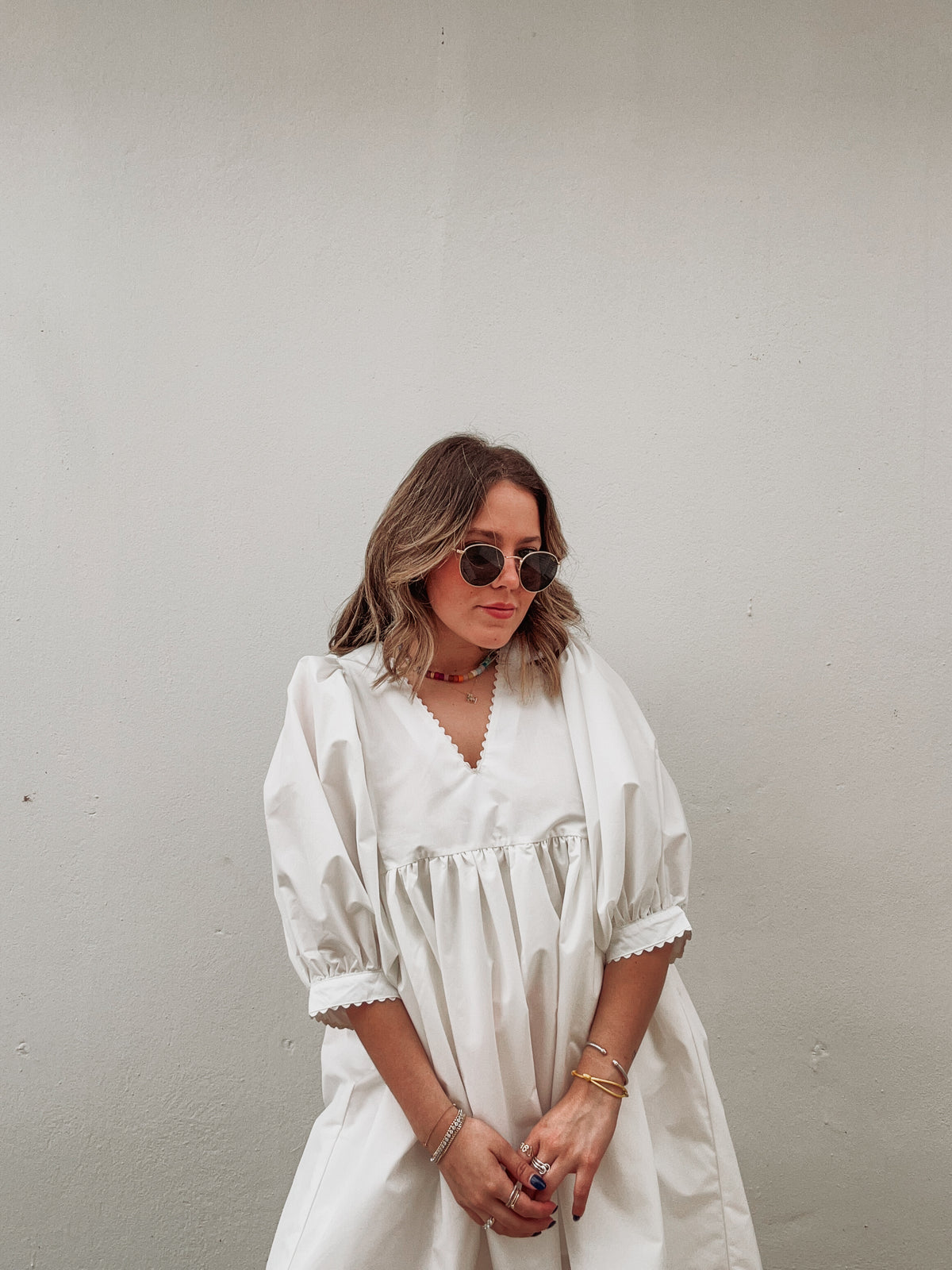White Bubble Sleeve Dress