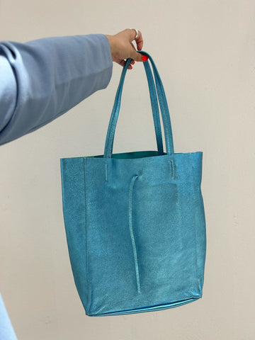 Sky Blue Metallic Leather Tote