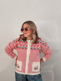 Red & White Striped Floral Cardigan