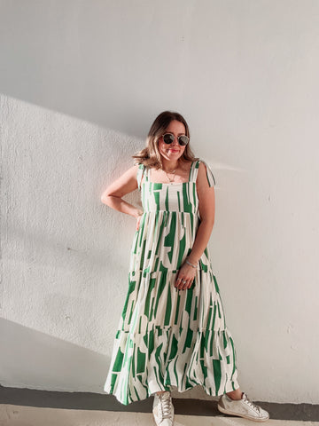 Green & White Printed Maxi