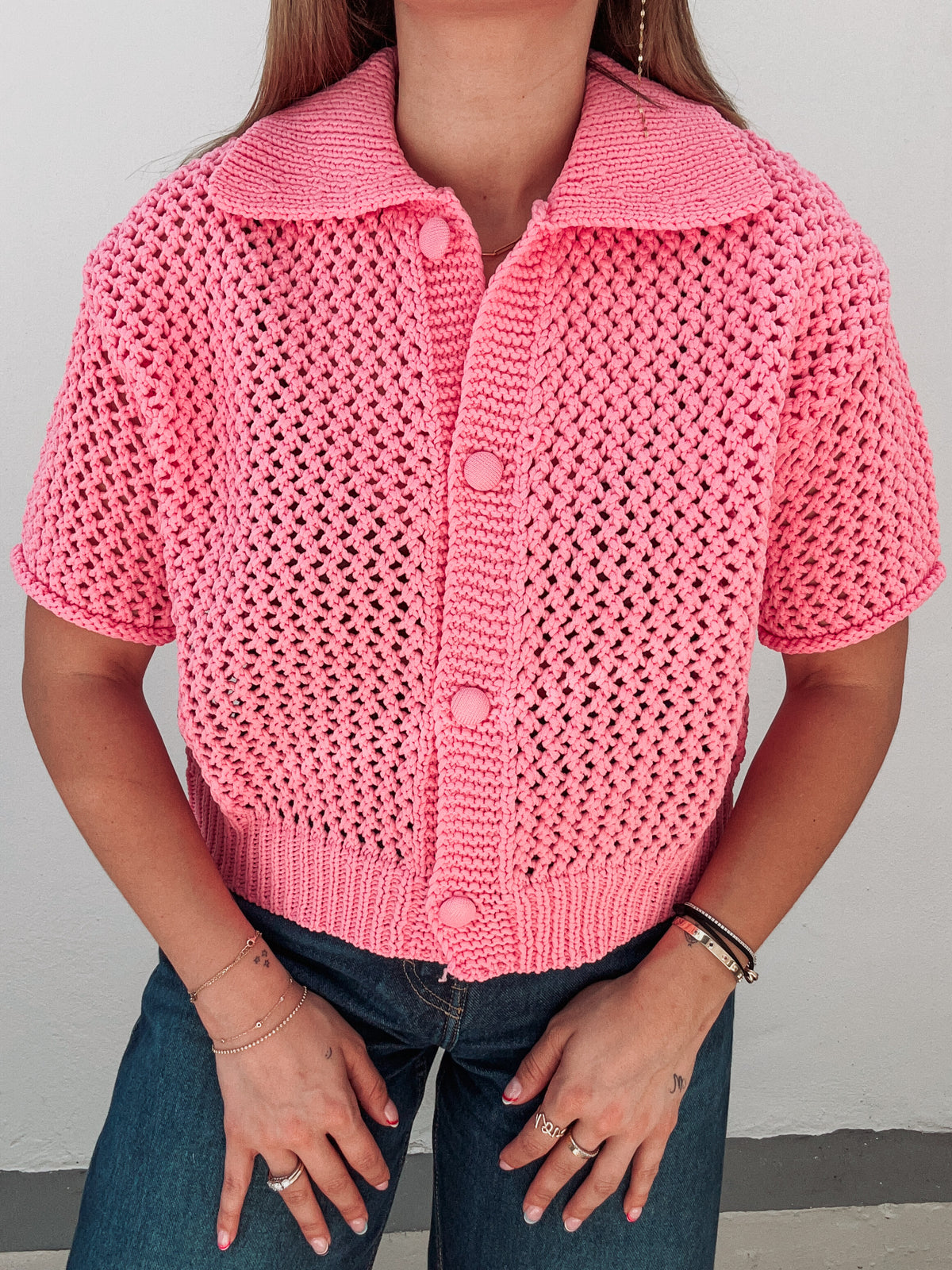 Bubblegum Pink Crochet Cardigan