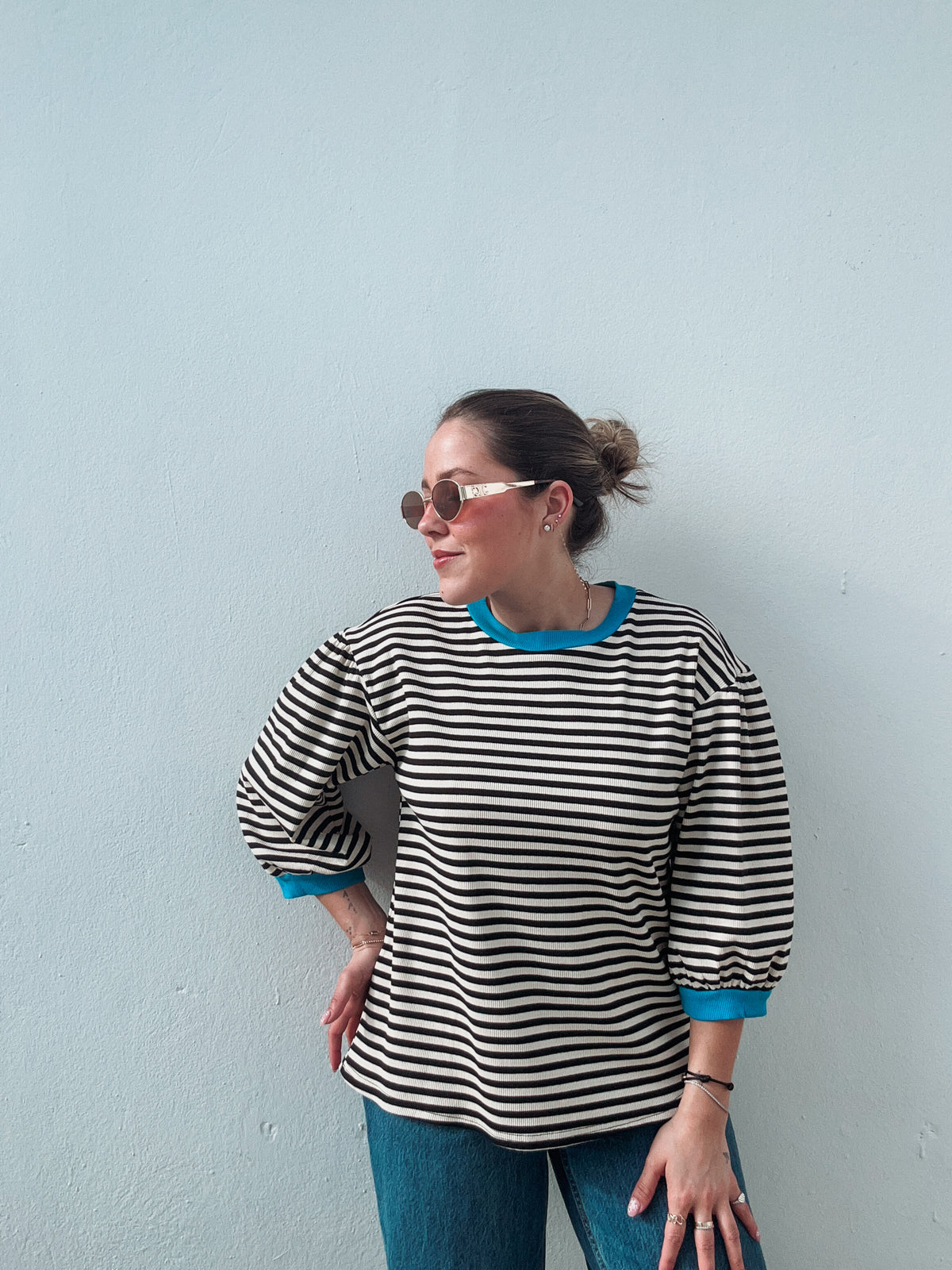 Cream & Black Stripe Blue Top