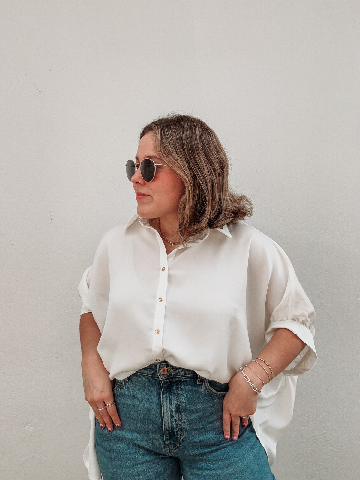 White Basic Gold Button Down