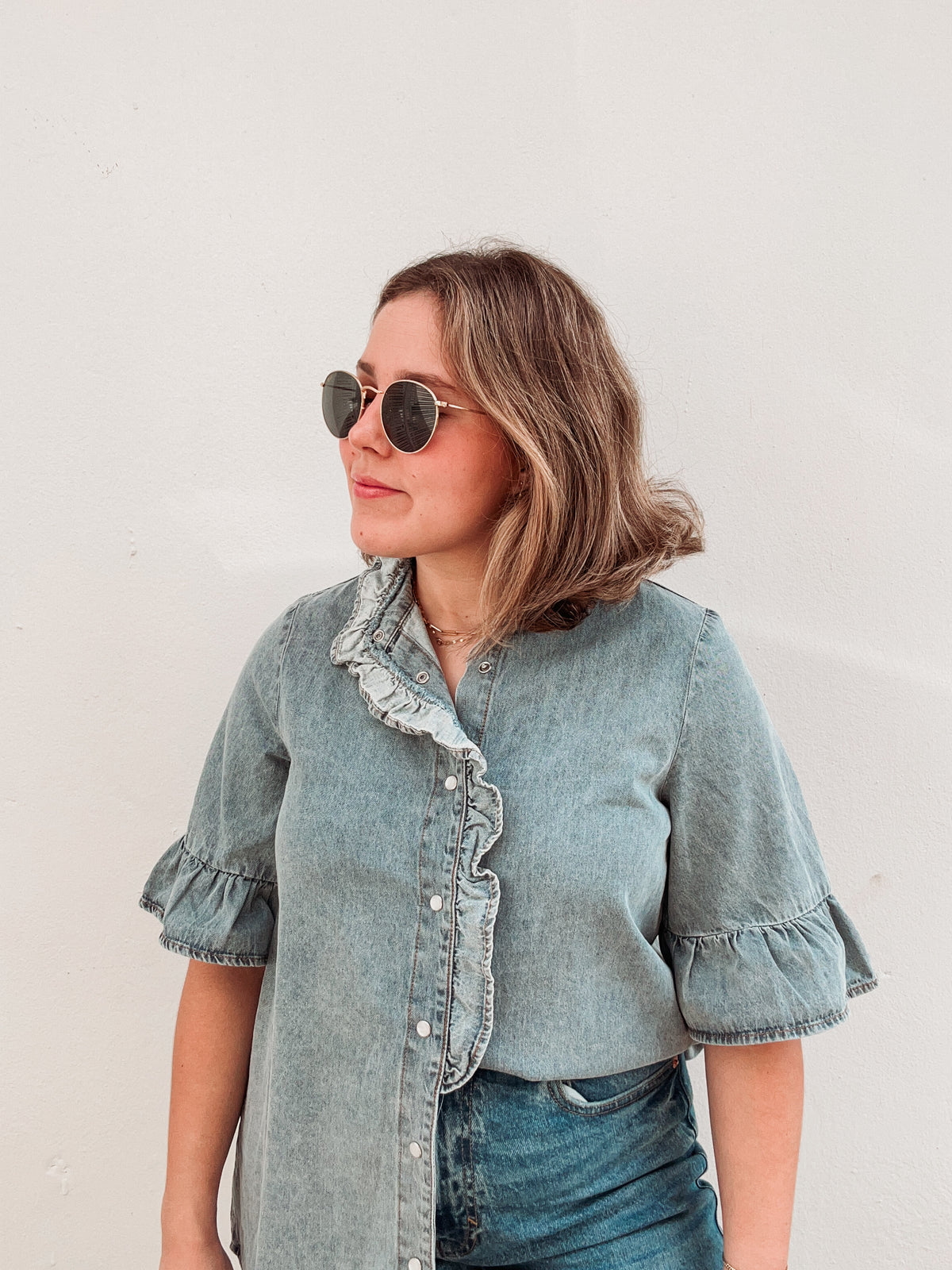 Denim Ruffle Blouse
