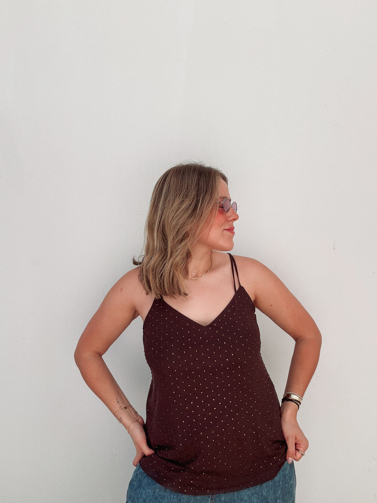 Chocolate Mesh Rhinestone Tank