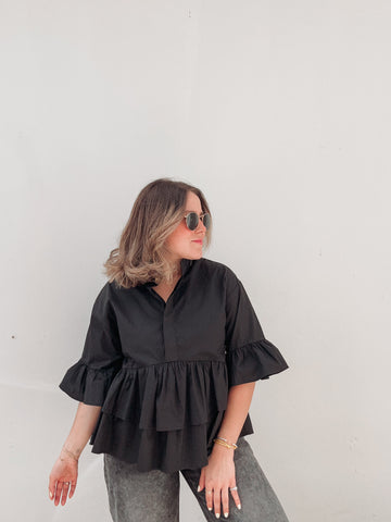 Black Classic Peplum Ruffle Blouse