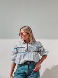White & Royal Blue Stripe Blouse