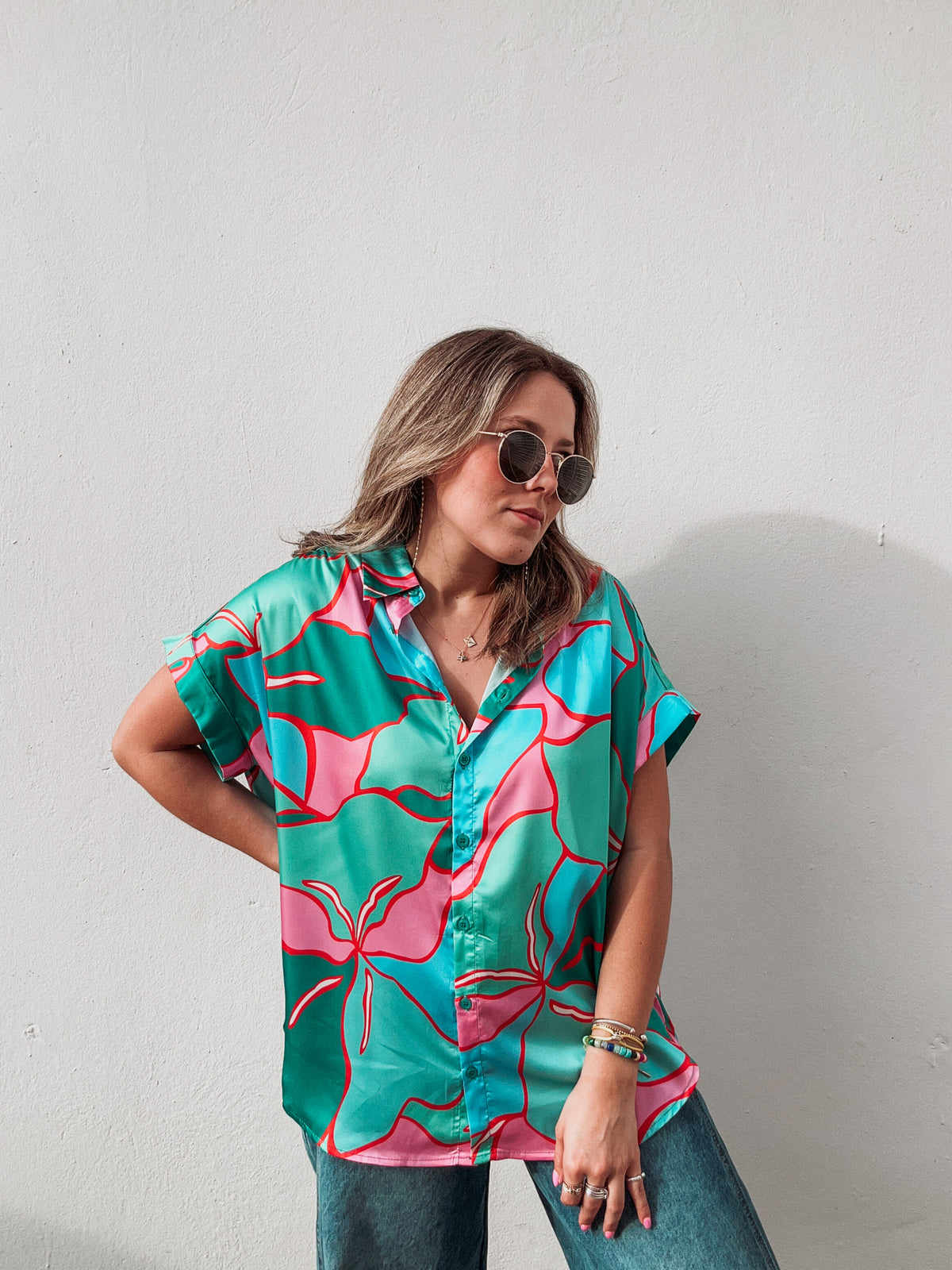 Aqua & Pink Printed Blouse