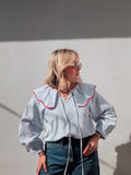 Blue Gingham & Red Collar Blouse